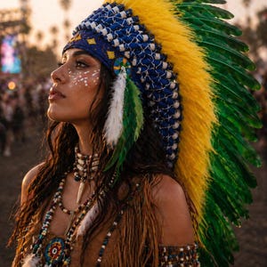 May include: A tall headdress featuring a blue beaded headband with yellow and white accents, topped with vibrant yellow and long green feathers. The accessory includes side-hanging white and green feathers, paired with a beaded necklace and arm cuff.