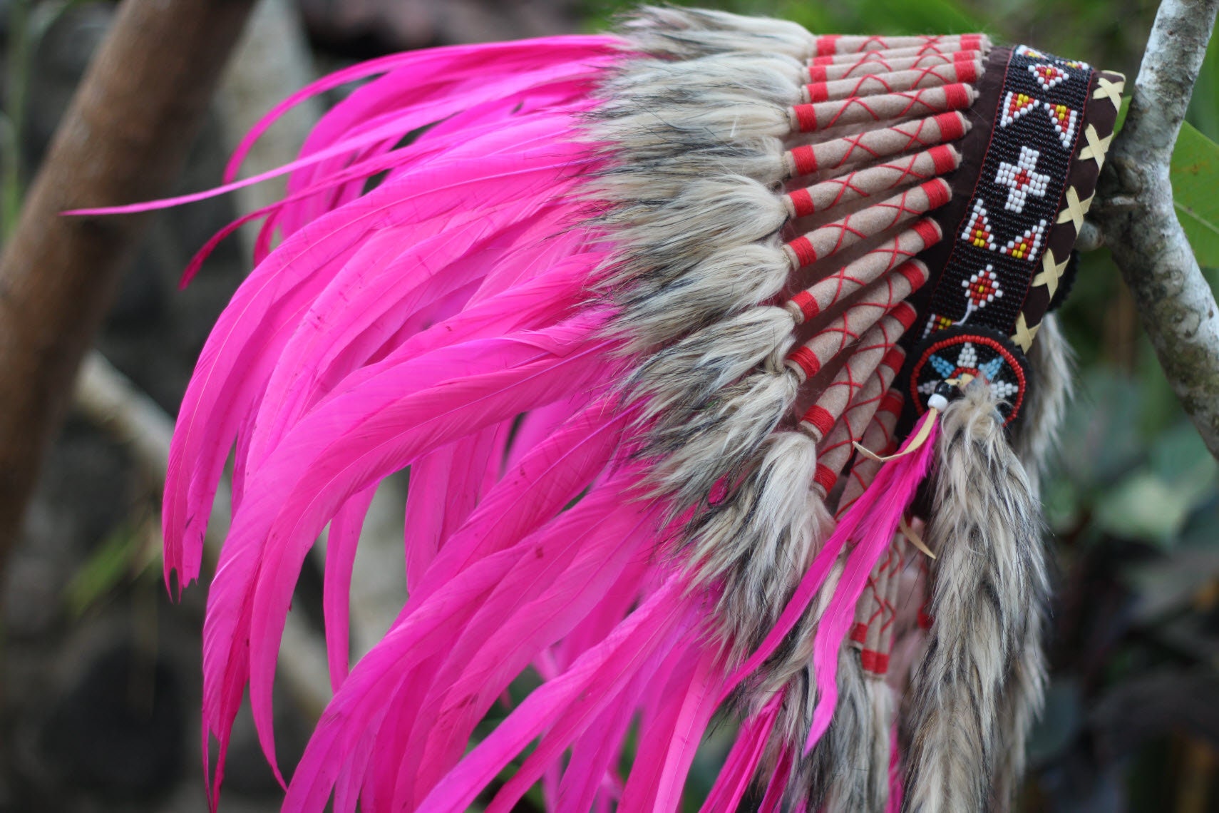 Pink Rooster Feather Headdress: Beaded Indian Style Replica 
