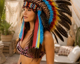 Colorful Turkey Feather Headdress, Handmade Festival Headpiece, Boho Feather Warbonnet, Tribal Style Costume, Carnival & Burning Man