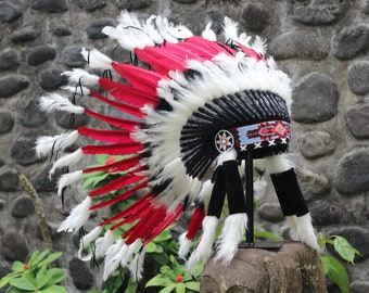 Short Red Indian Headdress Replica made with red swan feathers and white feathers on the edges