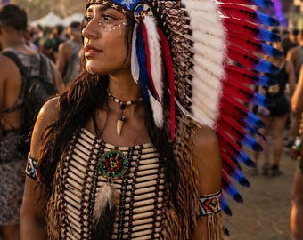 American Flag Feather Headdress–USA Inspired Warbonnet–Festival Costume – Patriotic Headpiece – Burning Man Outfit– Statement Tribal Style