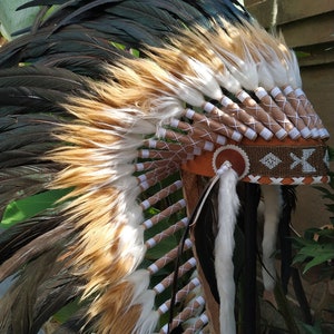 Long Brown Indian Headdress Replica made with real rooster feathers and brown and white fur and gold beaded work in the front image 6