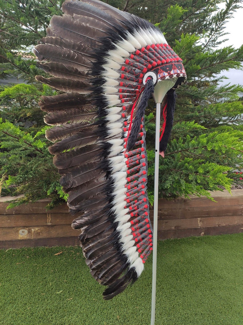 Long Indian Headdress Replica made with real turkey feathers and gold beaded front work image 4