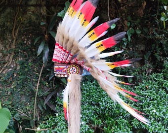 Short Indian Headdress Replica made with Brown painted yellow red & black swan feathers and beaded front work