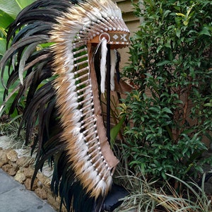 Long Brown Indian Headdress Replica made with real rooster feathers and brown and white fur and gold beaded work in the front image 5