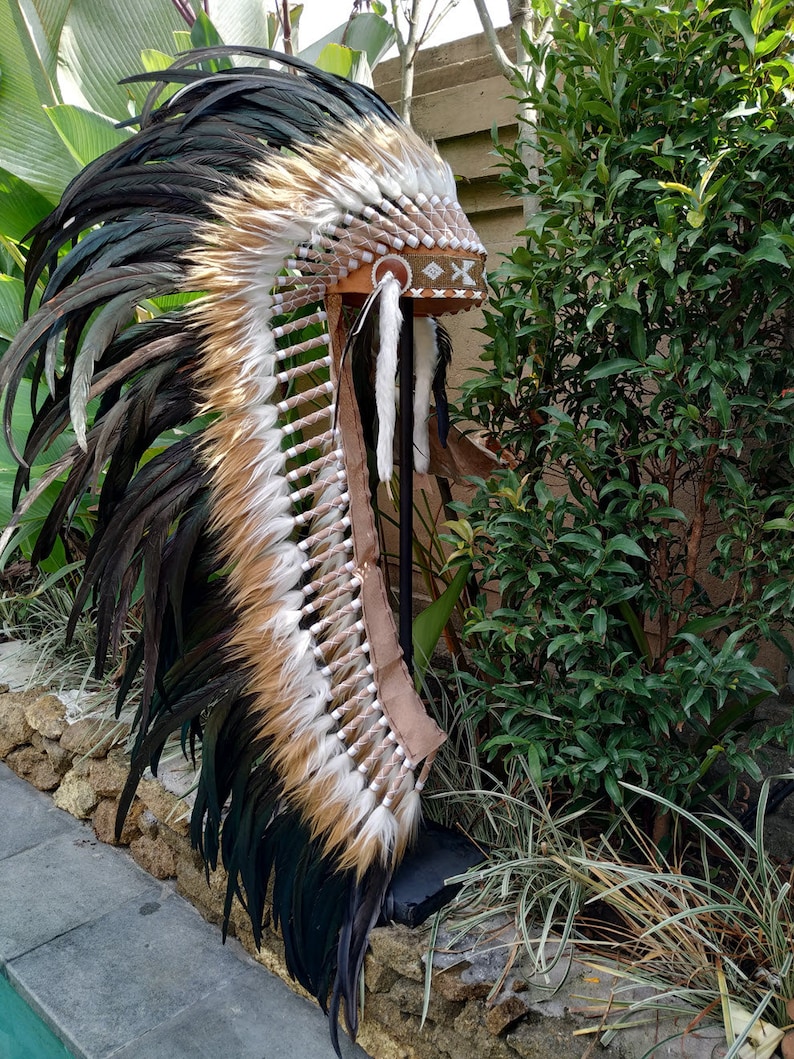 Long Brown Indian Headdress Replica made with real rooster feathers and brown and white fur and gold beaded work in the front image 5