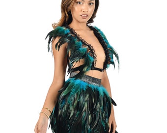 Haut et jupe à plumes, tenue de festival, costume d'Halloween, danseuse, rave, tenue de fête, Burning Man, fête sur la plage, robe de festival de musique en plein air