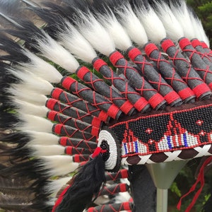 Long Indian Headdress Replica made with real turkey feathers and gold beaded front work image 6