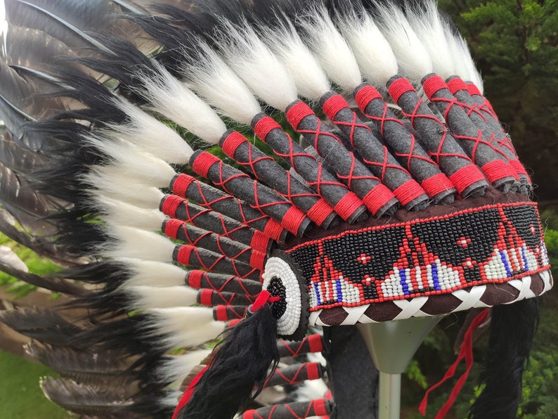 Long Indian Headdress Replica made with real turkey feathers and gold beaded front work image 6