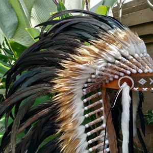 Long Brown Indian Headdress Replica made with real rooster feathers and brown and white fur and gold beaded work in the front image 3