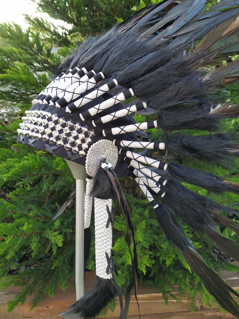 black synthetic fur and metal beaded band. Short Indian Headdress Replica made with green natural rooster feathers