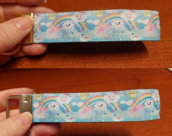 Rainbow wristlet, zipper pull, charm, on white poly strapping, kawaii, comes with FREE GIFT