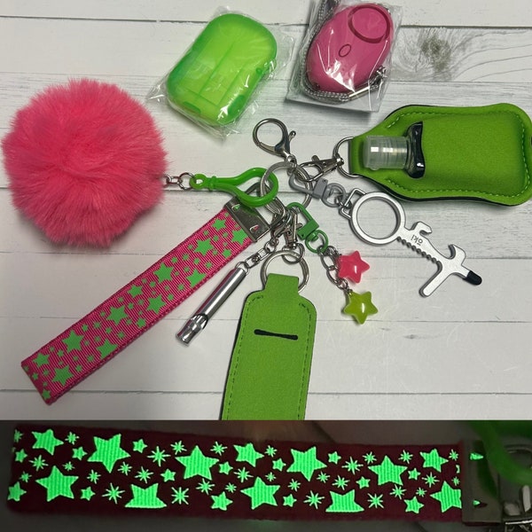 GitD Neon Green Stars on Hot Pink Health & Safety Keychain Set | Comes with FREE GIFT | Please read below for the Awesome Details!