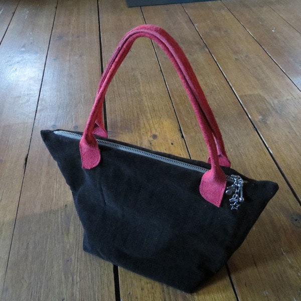 Handbag dark grey cord with red leather handle