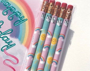 Cute Rainbow and Sunshine Pencil Set, Illustrated by Mellie Beane, hand-wrapped pencils, cute pencil set, cute gift, rainbow pencils