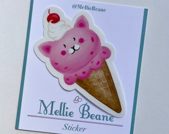 Kitty Cone Sticker, Strawberry Ice Cream, Cat Lover, Kawaii Sticker, Cute Sticker, Mellie Beane, bullet journal