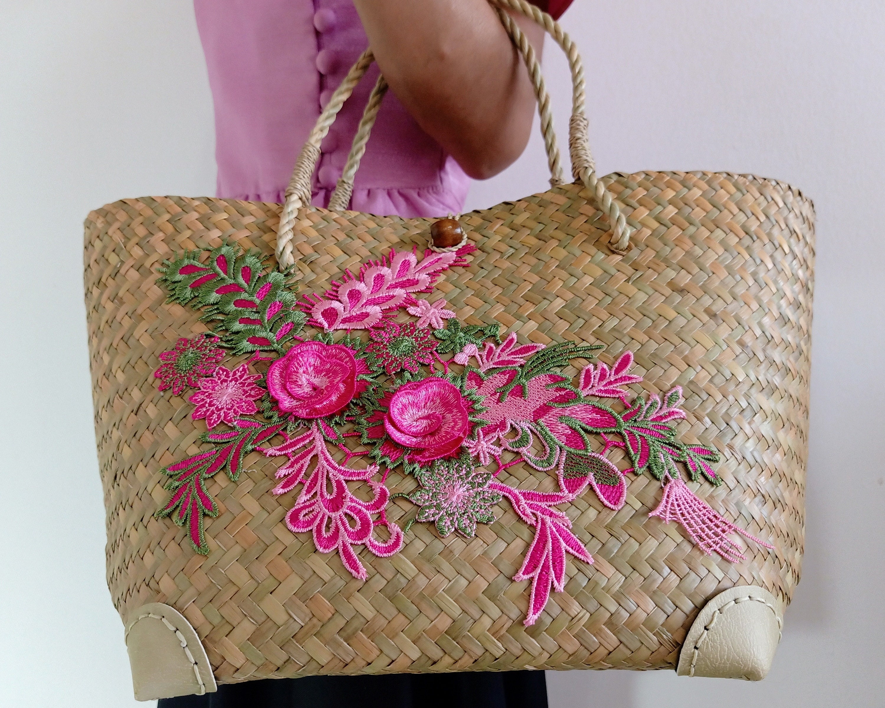 Large straw shopping basket bag wicker beach handbag. Tote | Etsy