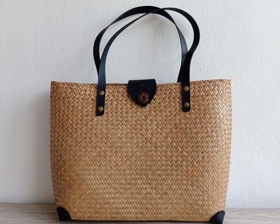 Large straw shopping bag wicker beach bag. Tote bag natural | Etsy
