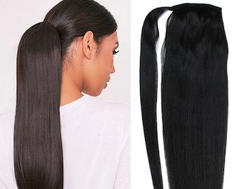 Extensiones de cola de caballo de cabello humano con clips en cabello Remy de alta calidad 9A, extensiones de cabello humano real, envoltura con cordón, fácil instalación.