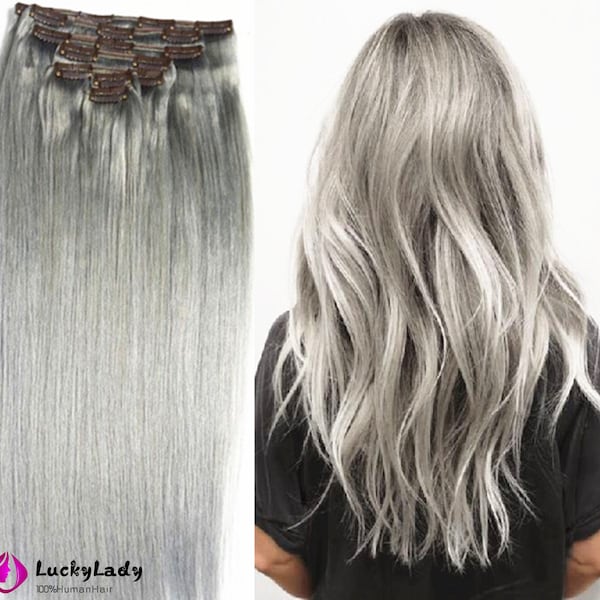 Gray hair Clips in hair weft human hair extensions clips on silk straight brazilian hair weaving grey human hair bundles for women