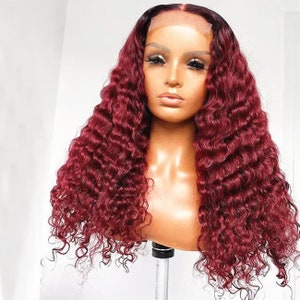 Wear&go HD 5x5 lace wigs ombre 1b/burgundy deep wave glueless human hair wig easy wear women wig with baby hair bleached knots for women