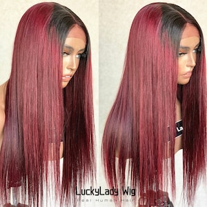 Frontal lace straight ombre 1b/99j hair wigs prelucked hair human hair wig glueless red wine burgundy women wig baby hair bleached knots