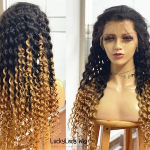 ombre 1B/30(Black and honey blonde) T-Part lace hair wig Human Hair wig 13x6 t part wigs deep curly style women wig for Ameircan black women