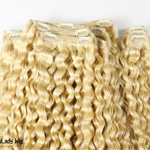 613 ブロンド クリップイン ヘア ウェフト 人毛エクステンション クリップオン ディープウェーブ ブロンド ブラジル産 ヘアウィービング 人毛 バンドル 女性用