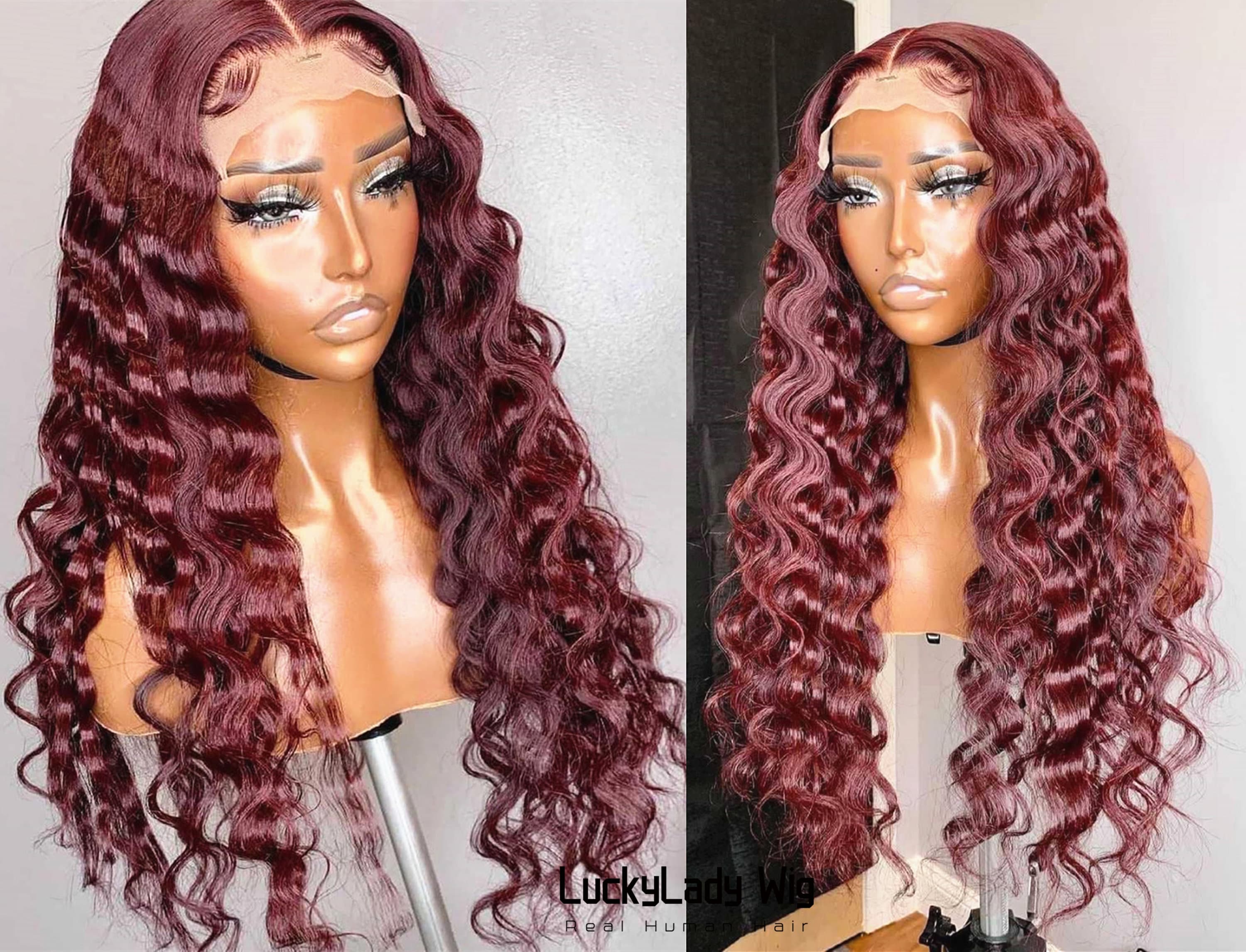 99J Red Wine Burgundy Loose Curly Hair Wigs Frontal 13x4 