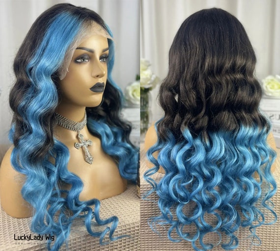 Ombre 2tone Black/blue Human Hair Wigs Frontal 13x4 Lace  display picture 1