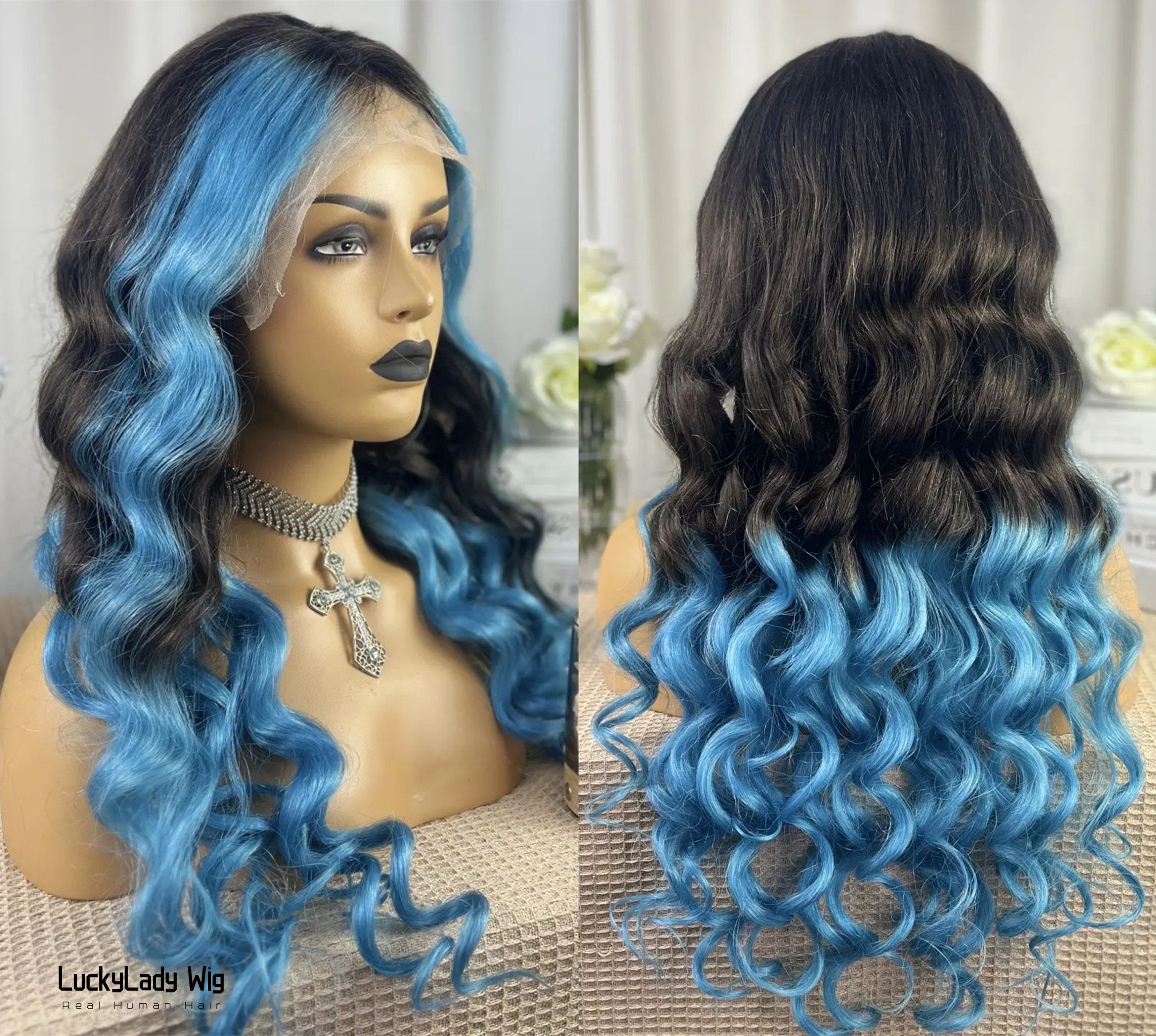 Ombre Blue Gray Beauty Lace Front Wig 22-24 inches Ombre Blue Colored Lace Front Wigs For Women Cosplay Silver  main image 2