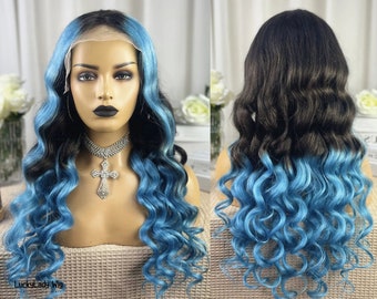 Celebrity ocean blue black root lace wig Nicole - Baby Blue With Dark Root Long Loose Wave Synthetic  main image 2
