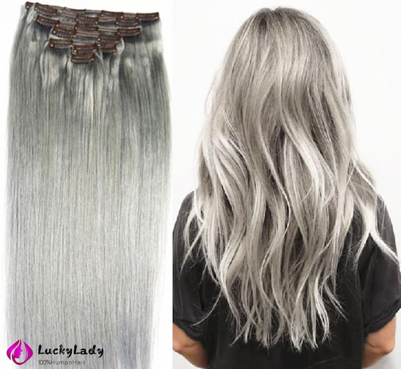 Gray Hair Clips in Hair Weft Human Hair Extensions Clips on Silk