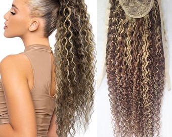 Extensiones de cola de caballo con cabello humano castaño resaltado, clips en extensiones de cabello humano castaño balayage, cola de caballo envolvente con cordón de fácil instalación