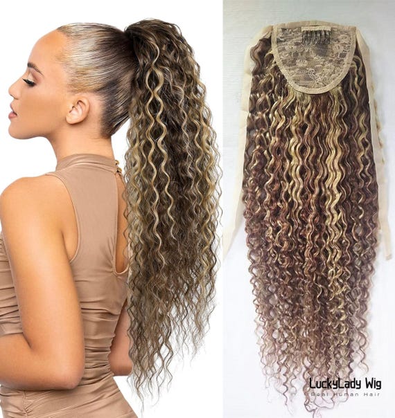 Highlight Brown Human Hair Ponytail Extensions Clips in 
