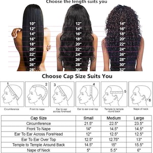 May include: A chart showing different wig lengths in inches, from 10 inches to 32 inches. A chart below shows different wig cap sizes with measurements in inches for circumference, front to nape, ear to ear across forehead, ear to ear over top, temple to temple around back, and nape of neck.