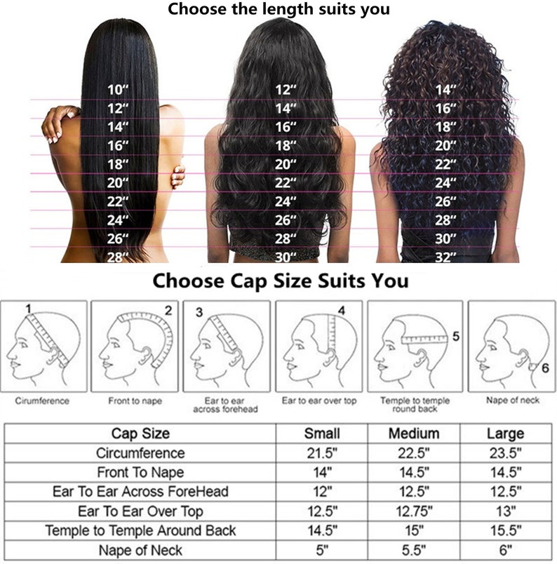 May include: A chart showing different wig lengths in inches, from 10 inches to 32 inches. A chart below shows different wig cap sizes with measurements in inches for circumference, front to nape, ear to ear across forehead, ear to ear over top, temple to temple around back, and nape of neck.