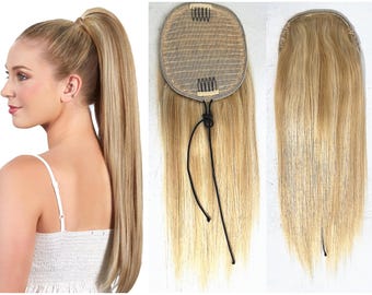 Extensiones de cola de caballo de cabello humano rubio resaltado con clips en extensiones de cabello humano rubio balayage con cordón envolvente de fácil instalación.