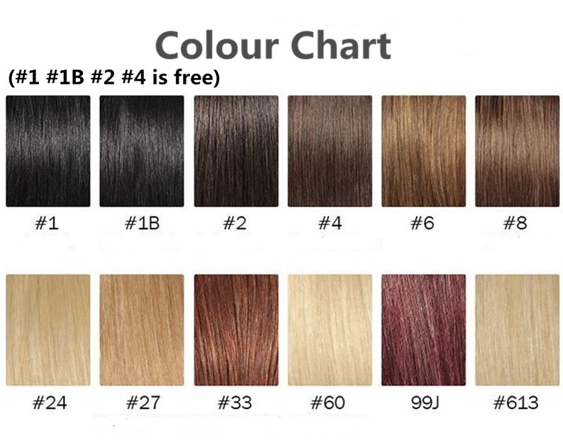 May include: Color chart showing different shades of hair extensions. The colors are labeled with numbers, including #1, #1B, #2, #4, #6, #8, #24, #27, #33, #60, 99J, and #613. The text "(#1 #1B #2 #4 is free)" is at the top of the chart.