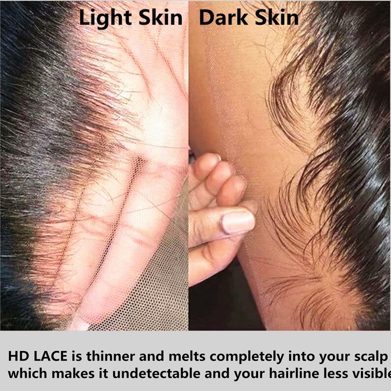 May include: Close-up of a lace wig showing how the lace melts into the skin of a light-skinned person and a dark-skinned person. The text reads "HD LACE is thinner and melts completely into your scalp which makes it undetectable and your hairline less visible."