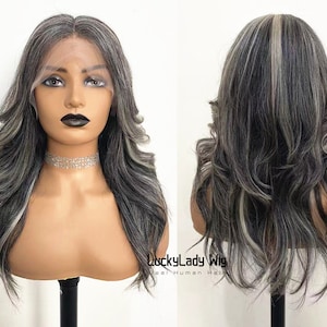 ハイライト ソルトアンドペッパーヘアウィッグ グレーフロント 13x4 レースウィッグ グレー人毛ウィッグ フロントレース 13x6 ウィッグ ベビーヘア レースウィッグ 高齢女性用
