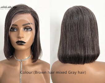 salt and pepper(Brown hair mixed gray hair) hair wigs grey frontal lace wigs gray human hair wig front lace wig glueless lace wigs for women