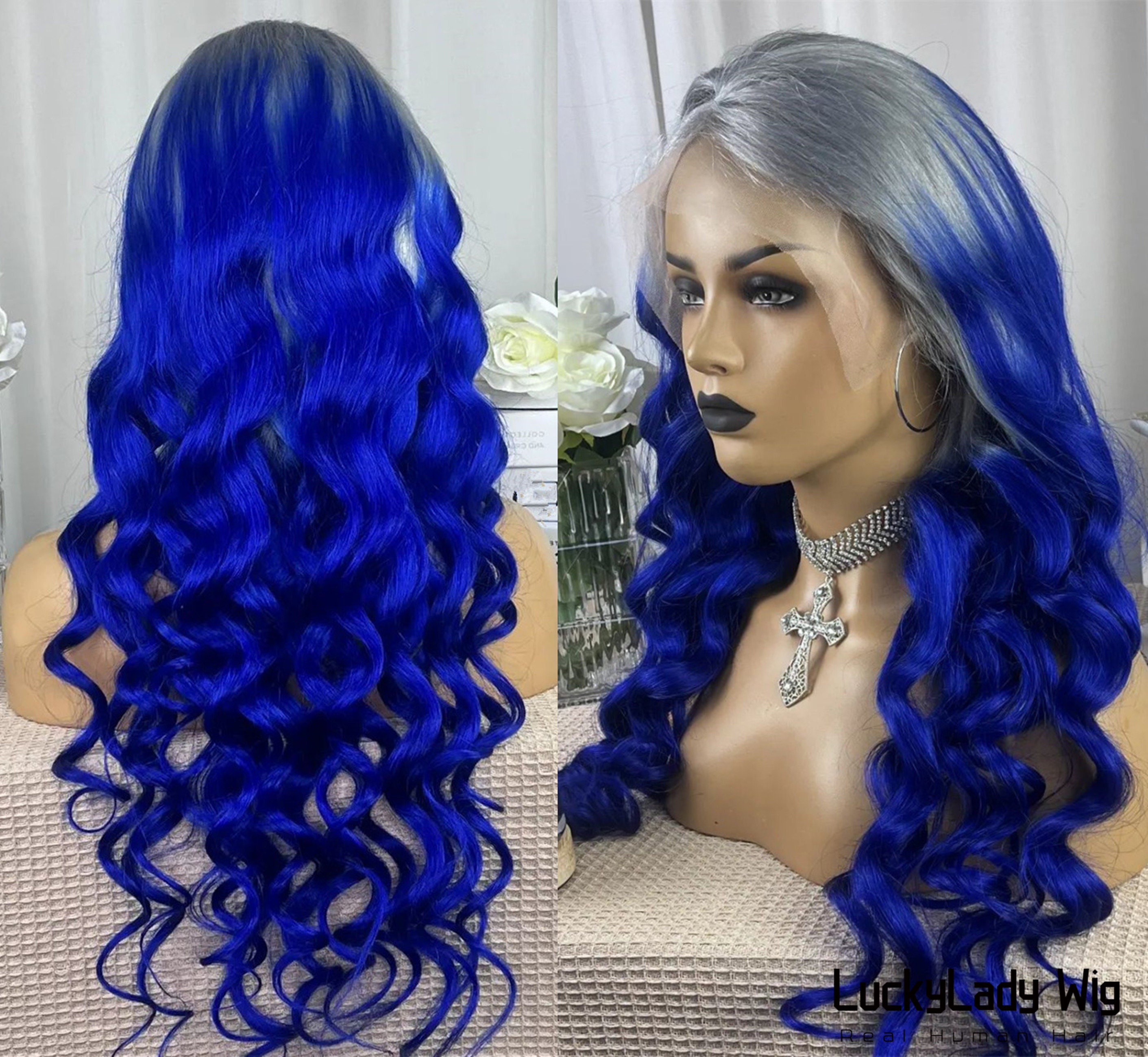 Ombre Blue Gray Beauty Lace Front Wig 22-24 inches Ombre Blue Colored Lace Front Wigs For Women Cosplay Silver  main image 3