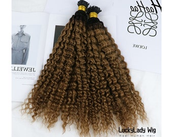Extensiones de cabello humano real con punta en I, ondas profundas, degradado, 2 tonos, 1b/marrón, 100-160 hebras por paquete, extensiones de cabello con punta en I para mujeres