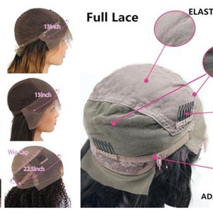 May include: Different types of lace wig caps with measurements in inches. The caps feature adjustable straps, combs, and elastic netting. Full lace, 13x4 lace, 13x6 lace, and 360 lace wig caps are shown.