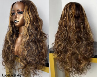 highlight brown U part hair wig Human Hair wigs U-Part wig loose wave women wigs for Ameircan women Upart wigs free shipping