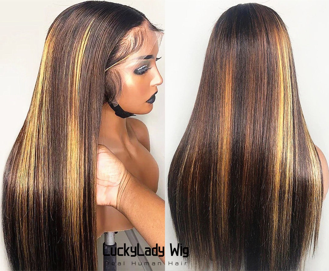 Highlight Frontal lace straight hair wigs prelucked hair human Etsy 日本