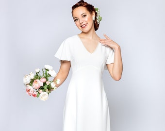 Wedding dress &quot;Harlow White&quot;, A-line dress with cap sleeves in vintage style, 1930s style