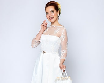 Robe de mariée "Bella Bride" style années 50 et 60, avec dentelle et plis creux, style vintage