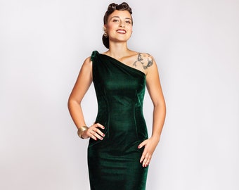 One shoulder dress "Silverline" violet, green, burgundy or sand, 1950s style